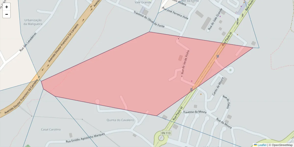 Mapa detalhado do código postal 2415-613 com limites, códigos postais vizinhos e agências dos correios
