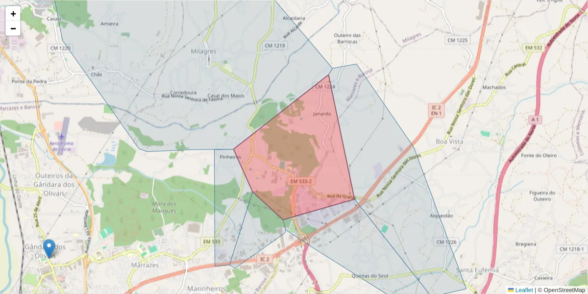 Mapa detalhado do código postal 2415-804 com limites, códigos postais vizinhos e agências dos correios