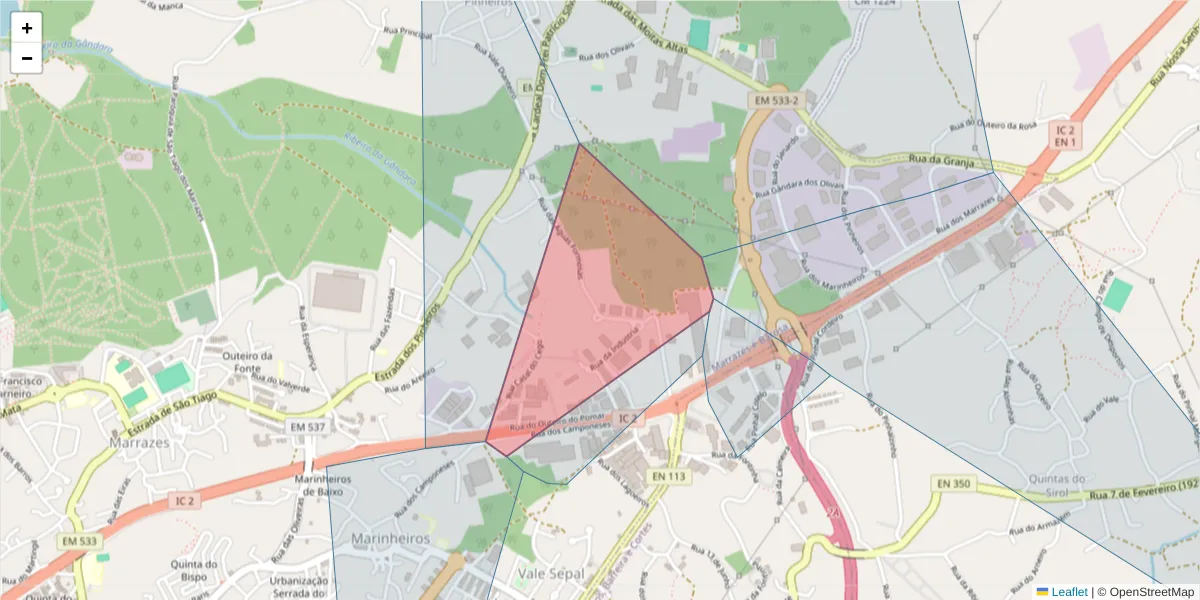 Mapa detalhado do código postal 2415-830 com limites, códigos postais vizinhos e agências dos correios