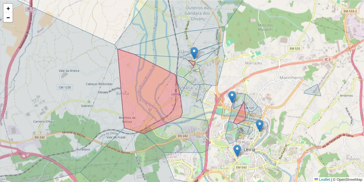 Mapa detalhado do código postal 2415 com limites, códigos postais vizinhos e agências dos correios