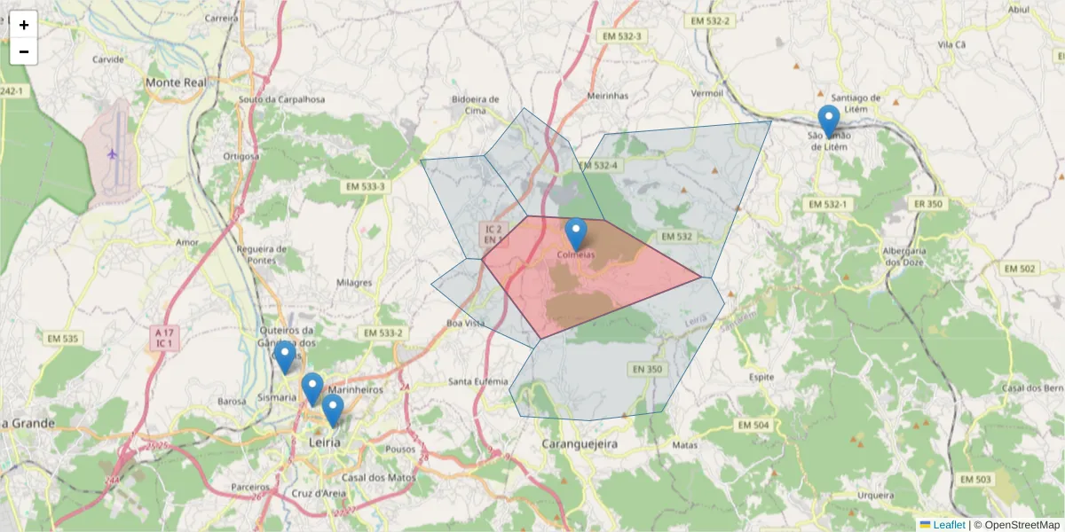 Mapa detalhado do código postal 2420-003 com limites, códigos postais vizinhos e agências dos correios