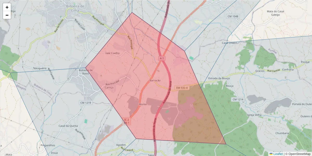 Mapa detalhado do código postal 2420-195 com limites, códigos postais vizinhos e agências dos correios
