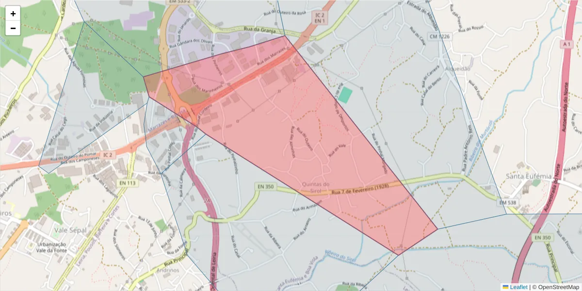 Mapa detalhado do código postal 2420-354 com limites, códigos postais vizinhos e agências dos correios