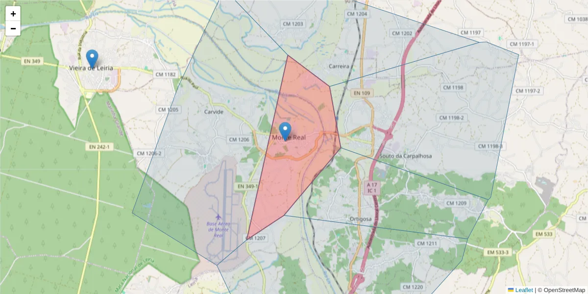 Mapa detalhado do código postal 2425-060 com limites, códigos postais vizinhos e agências dos correios