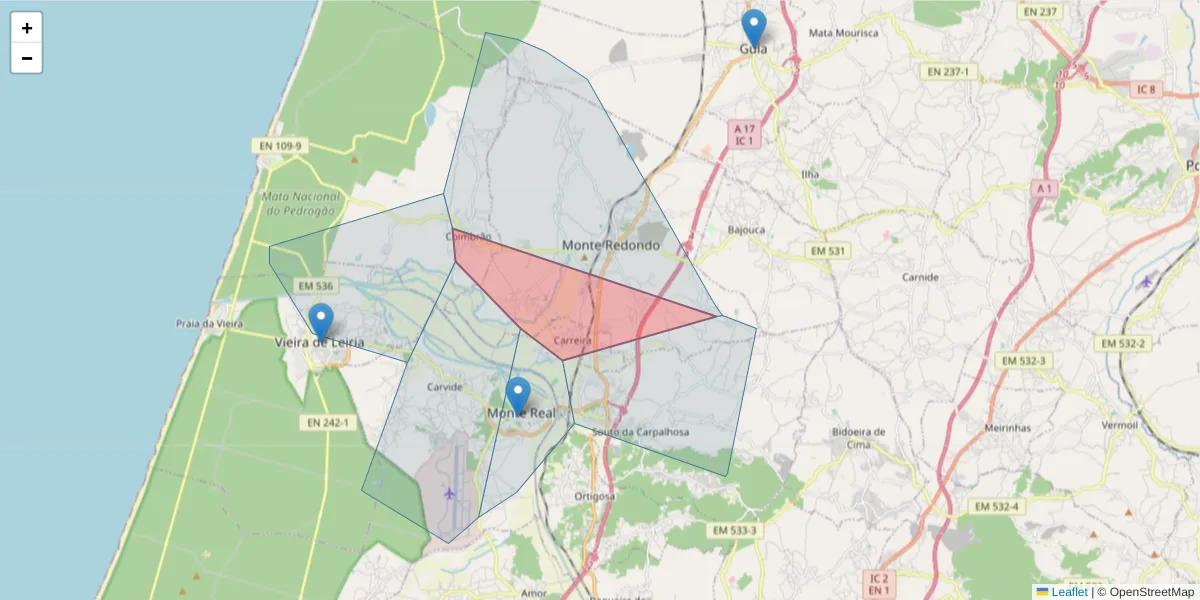 Mapa detalhado do código postal 2425-618 com limites, códigos postais vizinhos e agências dos correios