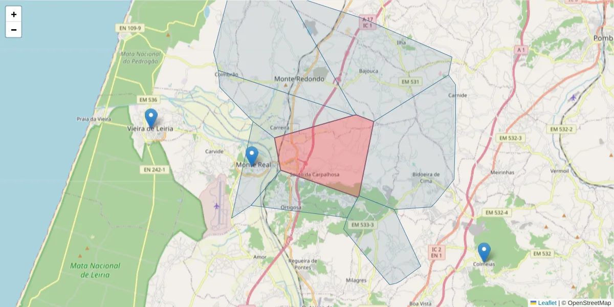 Mapa detalhado do código postal 2425 – 803 com limites, códigos postais vizinhos e agências dos correios