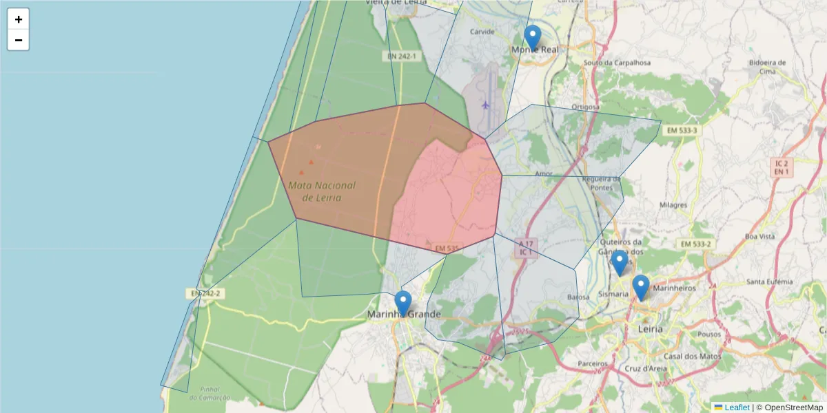 Mapa detalhado do código postal 2430-018 com limites, códigos postais vizinhos e agências dos correios