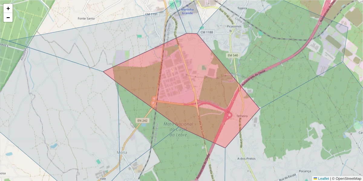 Mapa detalhado do código postal 2430-021 com limites, códigos postais vizinhos e agências dos correios