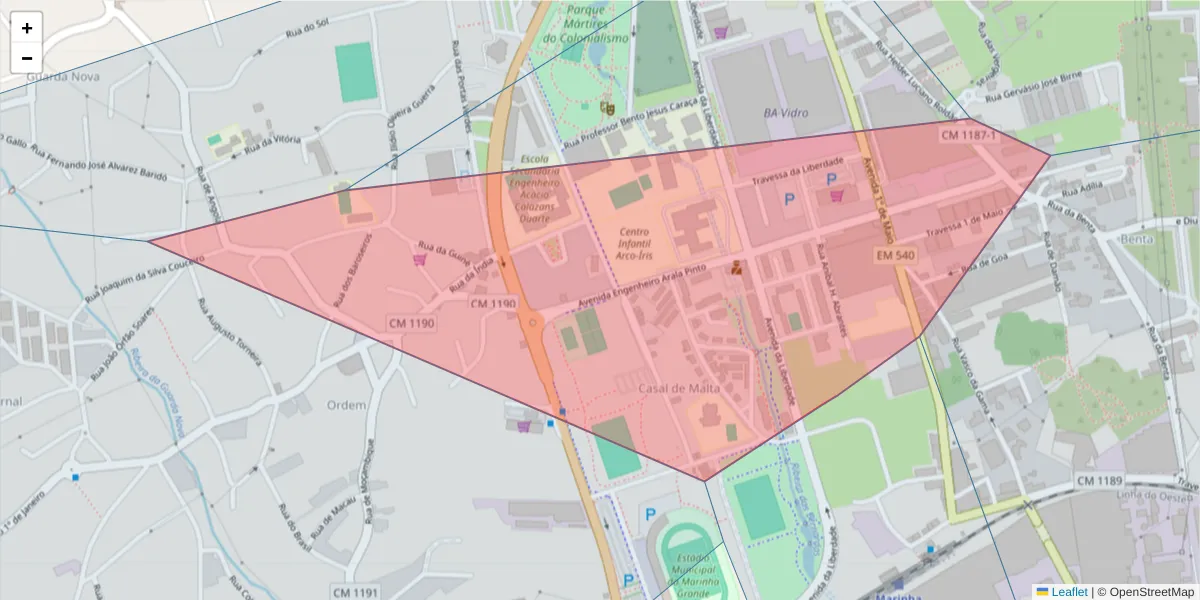 Mapa detalhado do código postal 2430-069 com limites, códigos postais vizinhos e agências dos correios