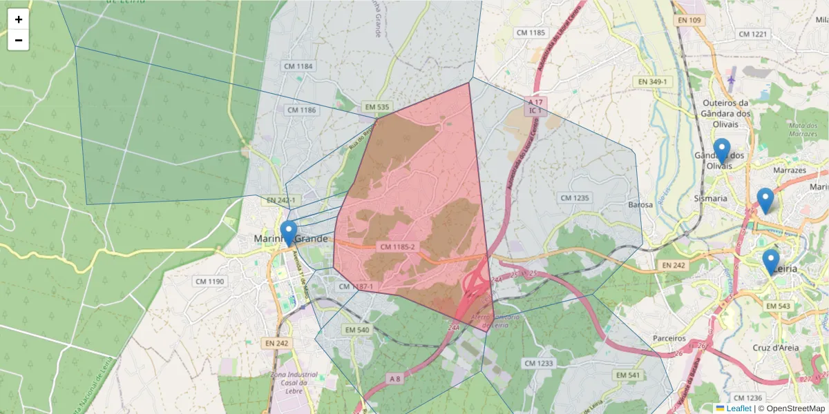 Mapa detalhado do código postal 2430-091 com limites, códigos postais vizinhos e agências dos correios