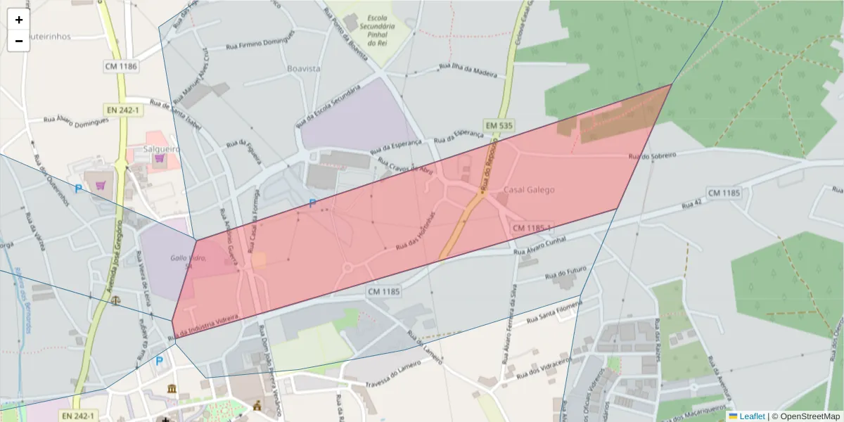 Mapa detalhado do código postal 2430-143 com limites, códigos postais vizinhos e agências dos correios