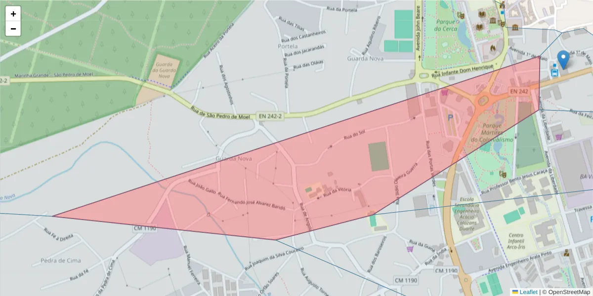 Mapa detalhado do código postal 2430-171 com limites, códigos postais vizinhos e agências dos correios