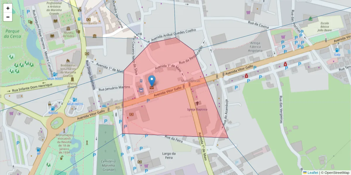 Mapa detalhado do código postal 2430-173 com limites, códigos postais vizinhos e agências dos correios