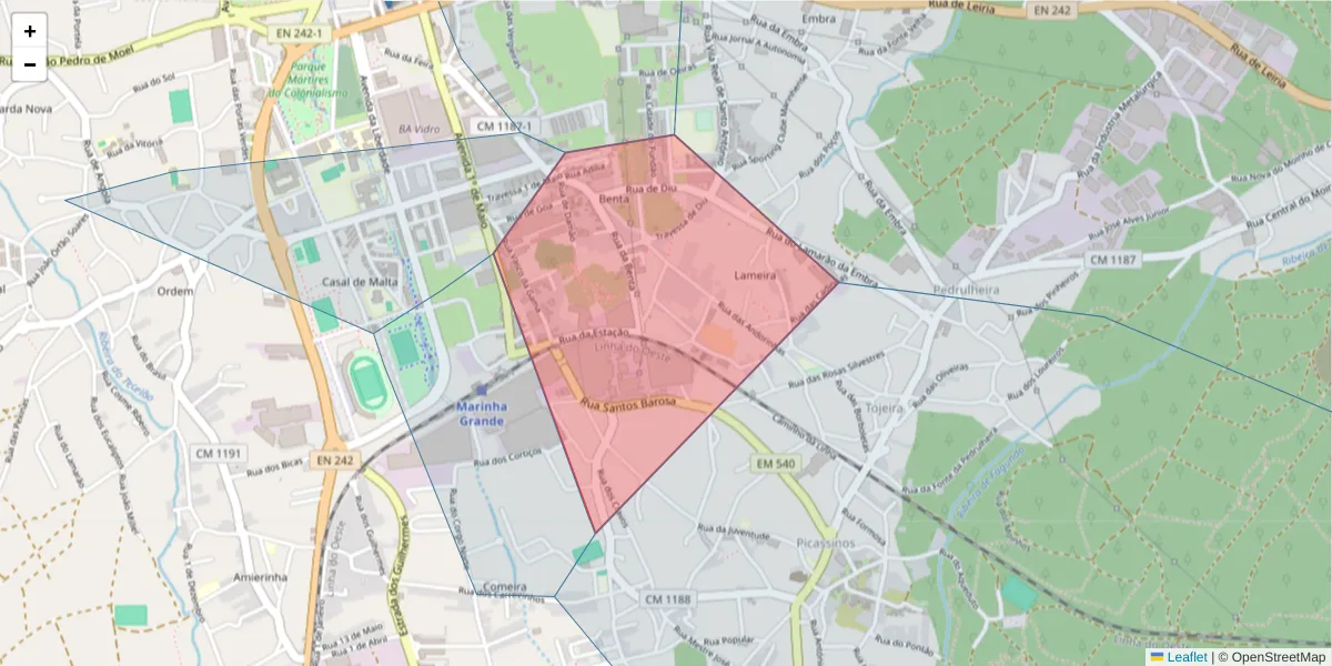 Mapa detalhado do código postal 2430-219 com limites, códigos postais vizinhos e agências dos correios