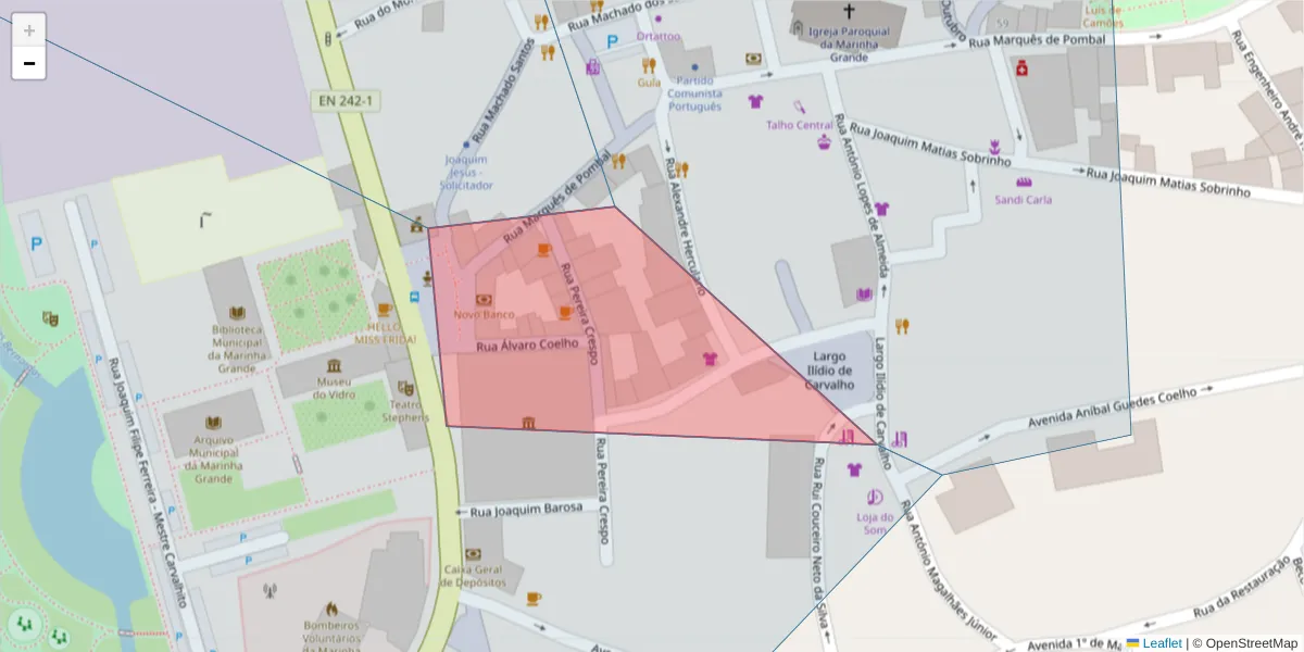 Mapa detalhado do código postal 2430-522 com limites, códigos postais vizinhos e agências dos correios