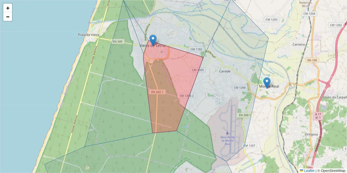 Mapa detalhado do código postal 2430-795 com limites, códigos postais vizinhos e agências dos correios