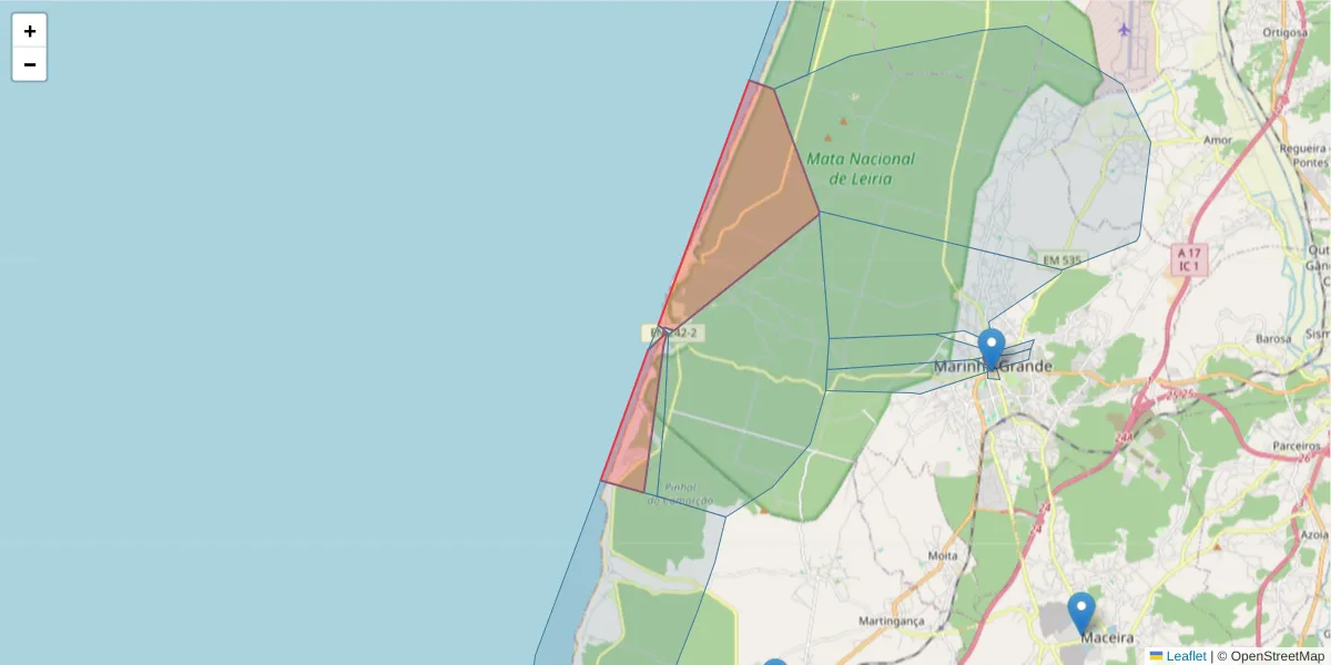 Mapa detalhado do código postal 2430 com limites, códigos postais vizinhos e agências dos correios