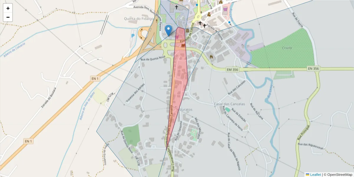 Mapa detalhado do código postal 2440-001 com limites, códigos postais vizinhos e agências dos correios