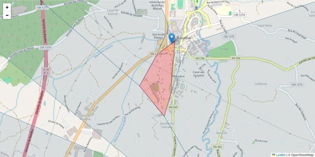 Mapa detalhado do código postal 2440-104 com limites, códigos postais vizinhos e agências dos correios