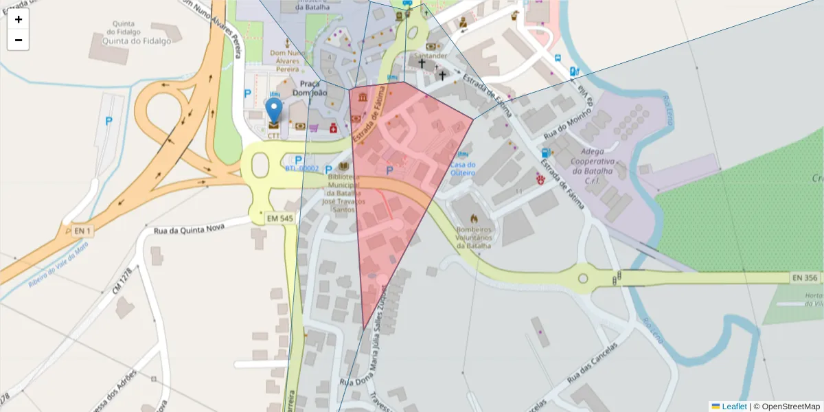 Mapa detalhado do código postal 2440-110 com limites, códigos postais vizinhos e agências dos correios