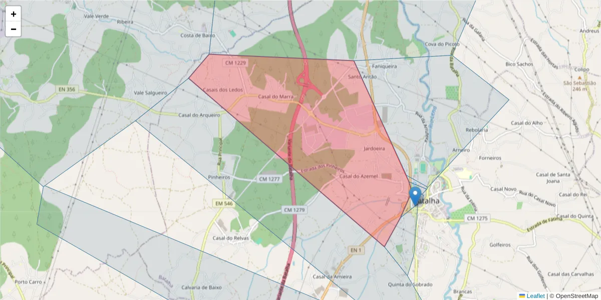 Mapa detalhado do código postal 2440-197 com limites, códigos postais vizinhos e agências dos correios