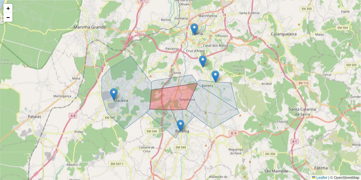 Mapa detalhado do código postal 2440-231 com limites, códigos postais vizinhos e agências dos correios