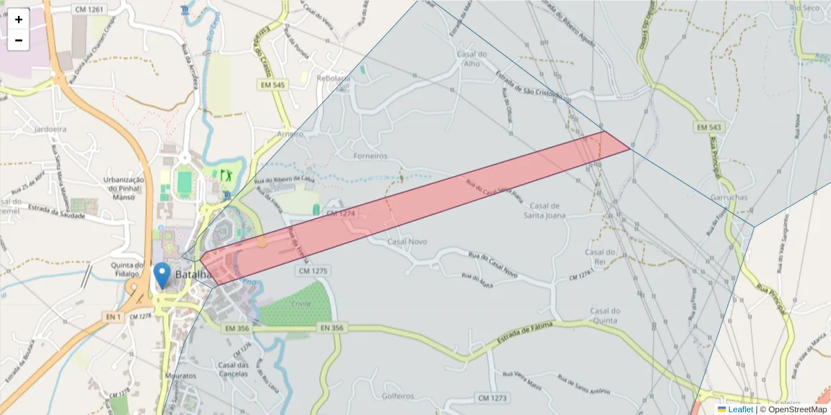 Mapa detalhado do código postal 2440-999 com limites, códigos postais vizinhos e agências dos correios