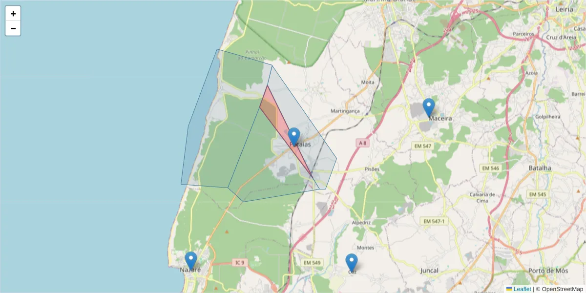 Mapa detalhado do código postal 2445-207 com limites, códigos postais vizinhos e agências dos correios