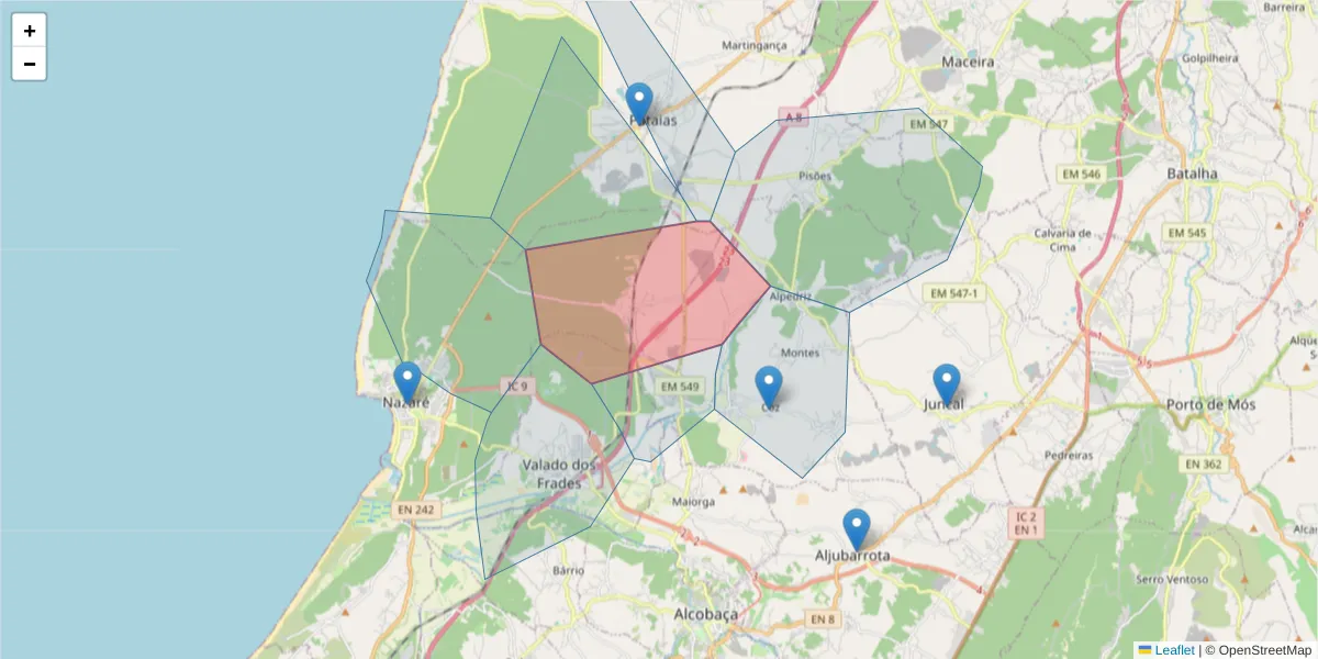 Mapa detalhado do código postal 2445-252 com limites, códigos postais vizinhos e agências dos correios