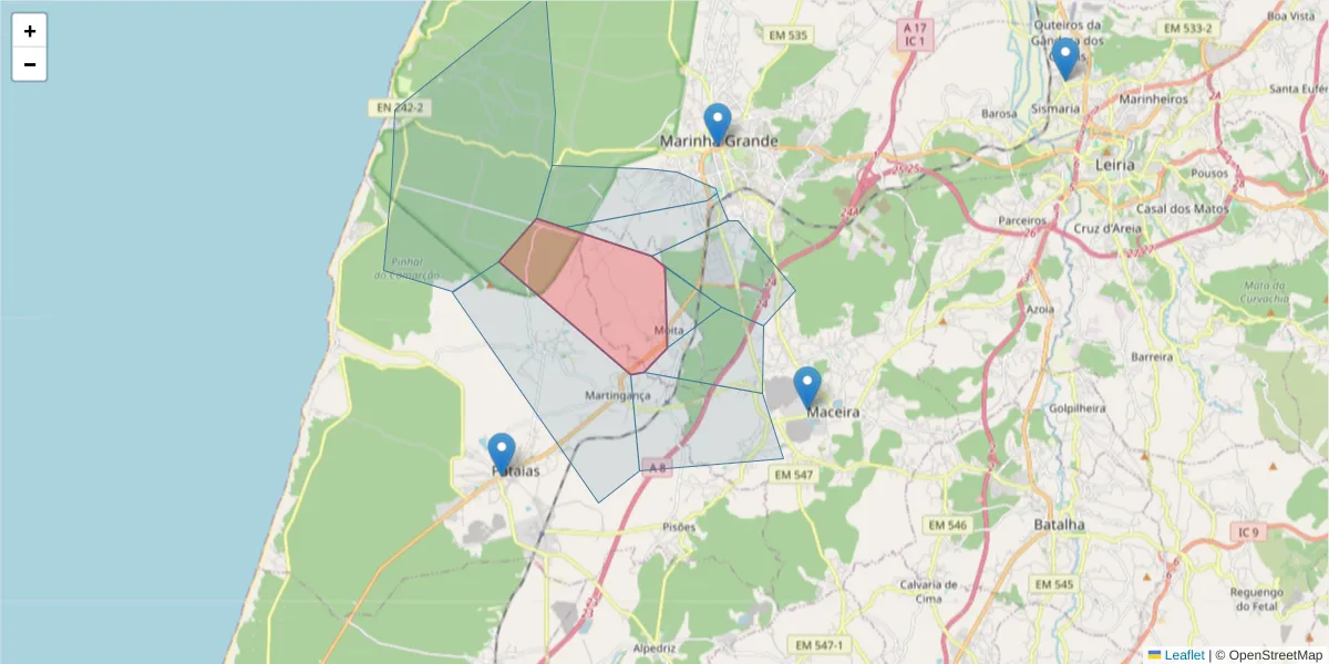 Mapa detalhado do código postal 2445-588 com limites, códigos postais vizinhos e agências dos correios