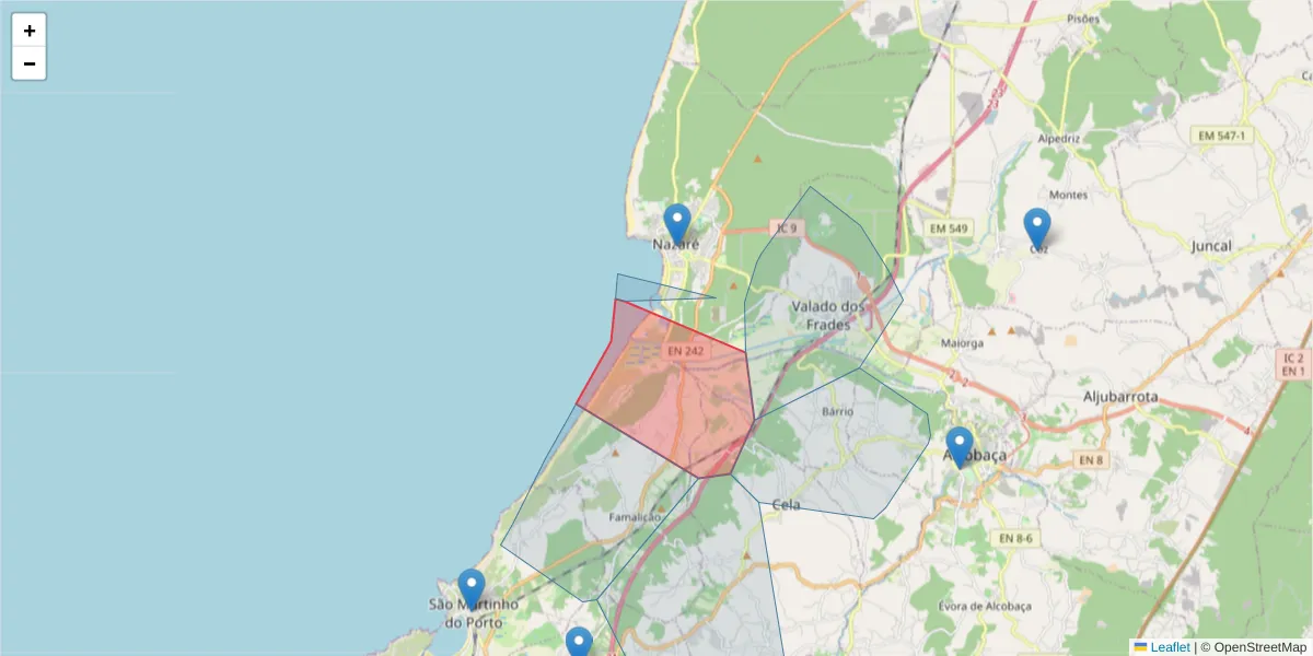 Mapa detalhado do código postal 2450-075 com limites, códigos postais vizinhos e agências dos correios
