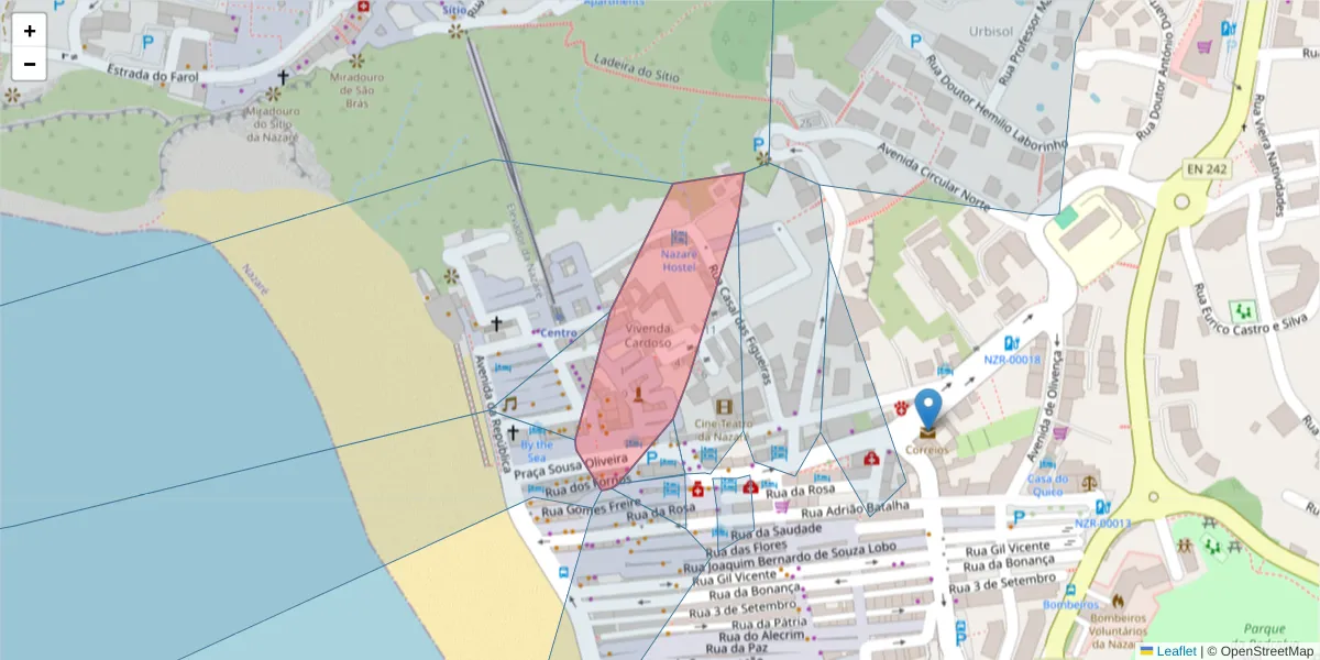 Mapa detalhado do código postal 2450-143 com limites, códigos postais vizinhos e agências dos correios