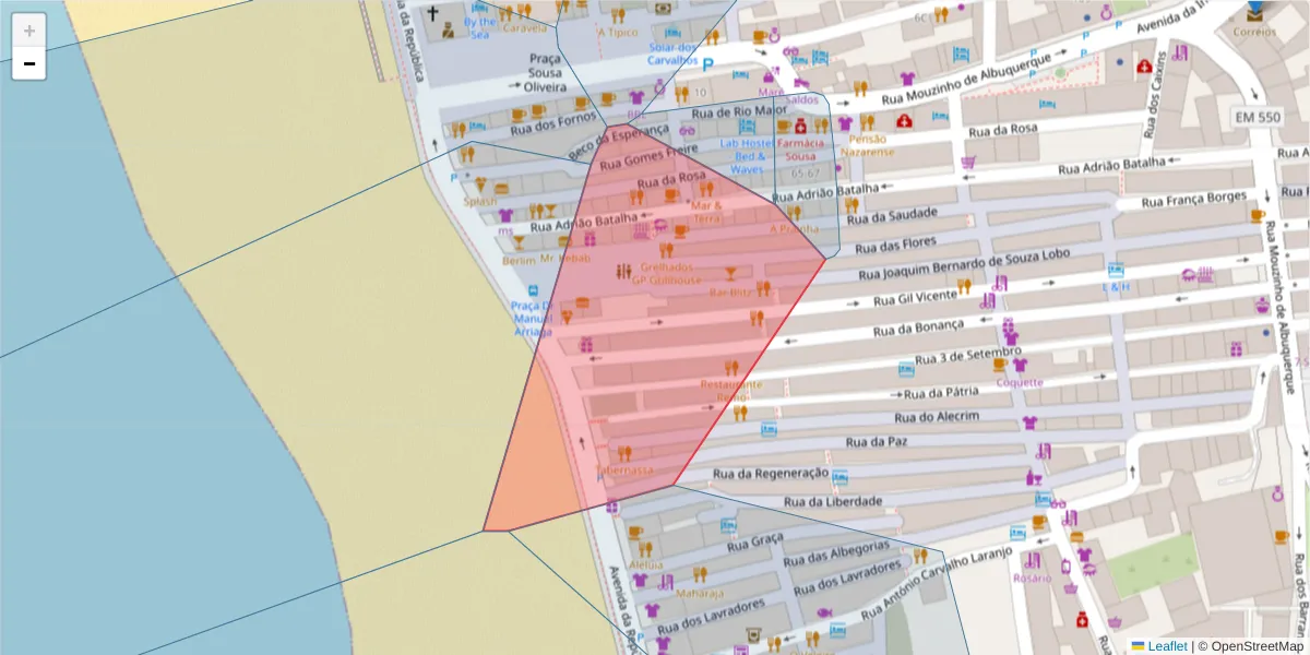 Mapa detalhado do código postal 2450-162 com limites, códigos postais vizinhos e agências dos correios