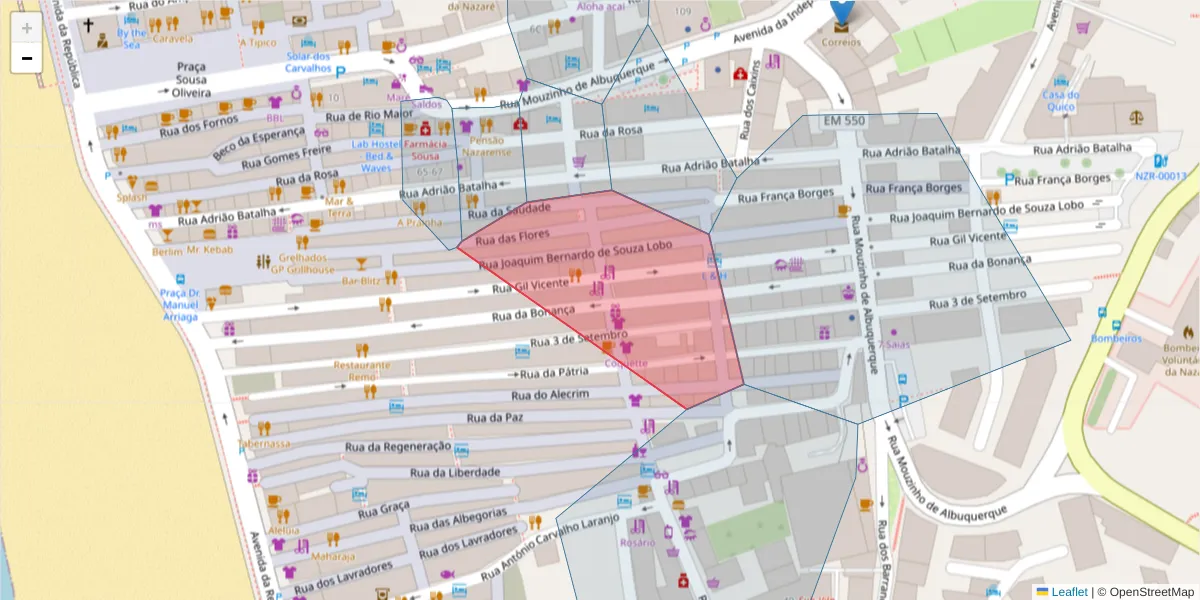 Mapa detalhado do código postal 2450-183 com limites, códigos postais vizinhos e agências dos correios