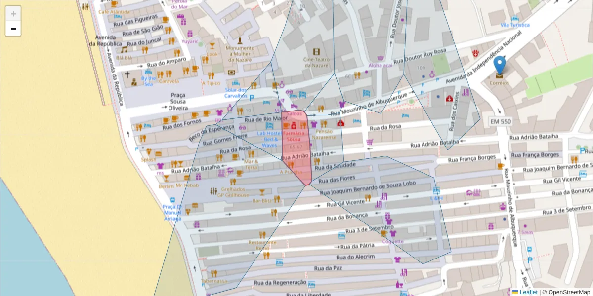 Mapa detalhado do código postal 2450-255 com limites, códigos postais vizinhos e agências dos correios