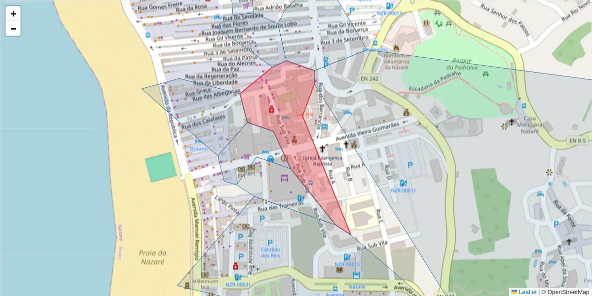 Mapa detalhado do código postal 2450-264 com limites, códigos postais vizinhos e agências dos correios