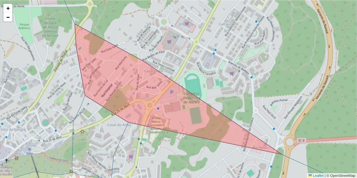 Mapa detalhado do código postal 2450-285 com limites, códigos postais vizinhos e agências dos correios