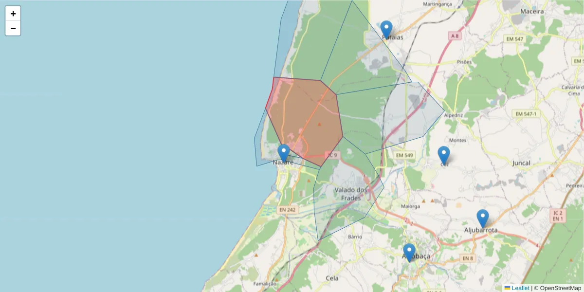 Mapa detalhado do código postal 2450-287 com limites, códigos postais vizinhos e agências dos correios