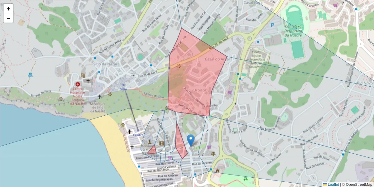 Mapa detalhado do código postal 2450-901 com limites, códigos postais vizinhos e agências dos correios