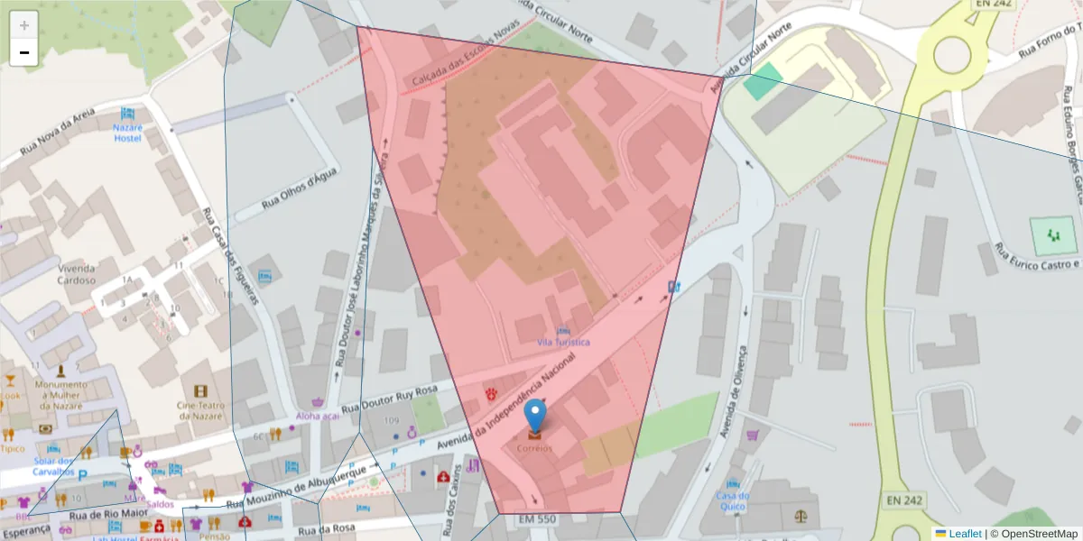 Mapa detalhado do código postal 2450-999 com limites, códigos postais vizinhos e agências dos correios