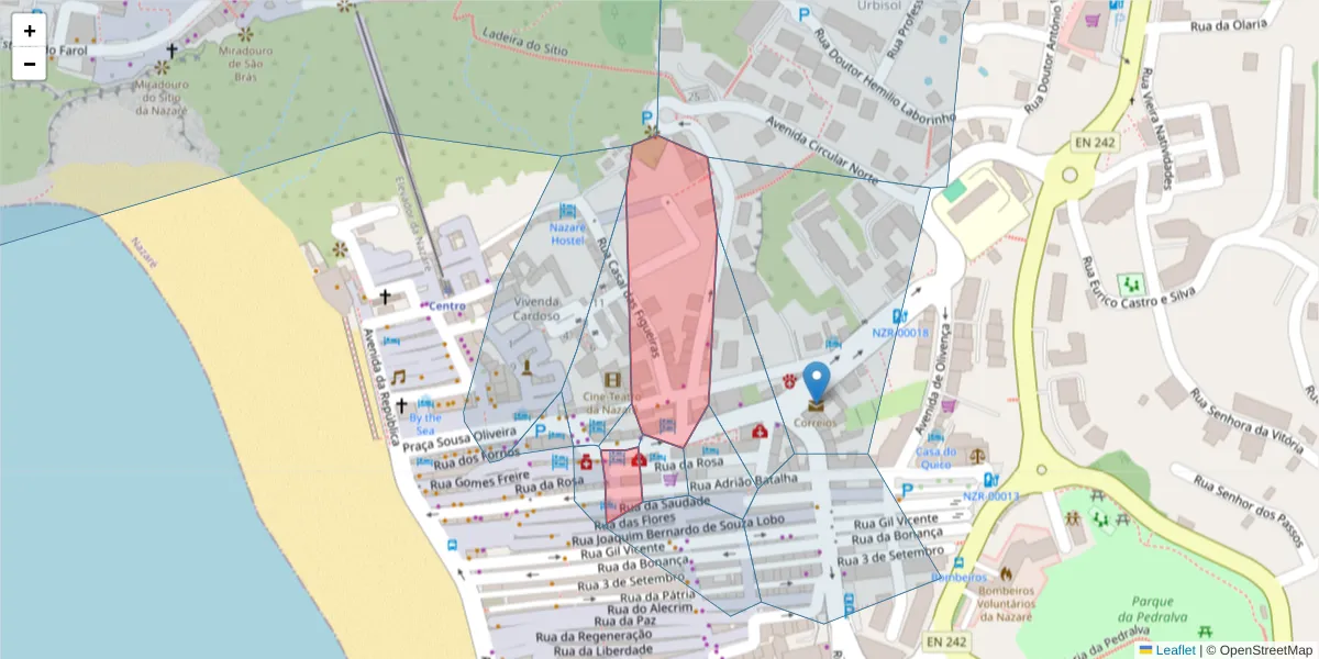 Mapa detalhado do código postal 2450 com limites, códigos postais vizinhos e agências dos correios