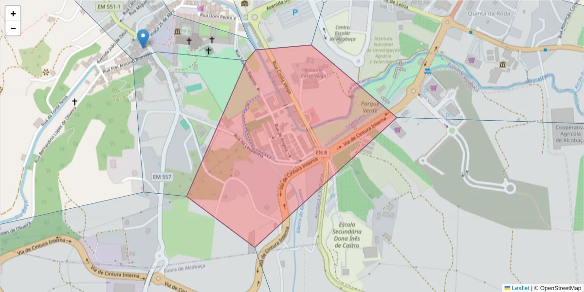 Mapa detalhado do código postal 2460-013 com limites, códigos postais vizinhos e agências dos correios