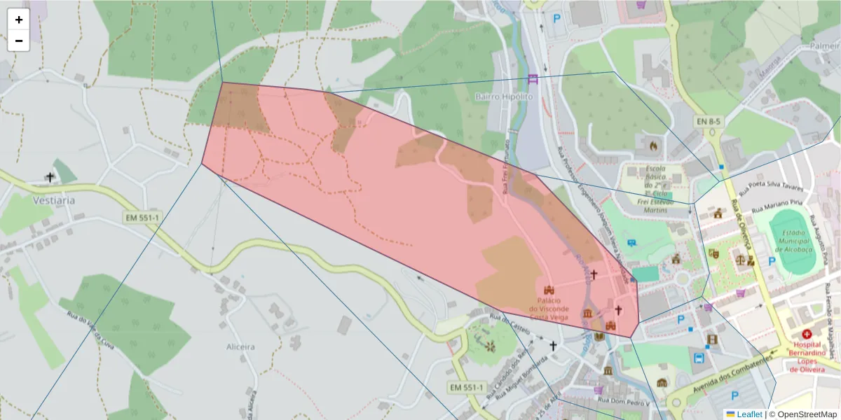 Mapa detalhado do código postal 2460-021 com limites, códigos postais vizinhos e agências dos correios