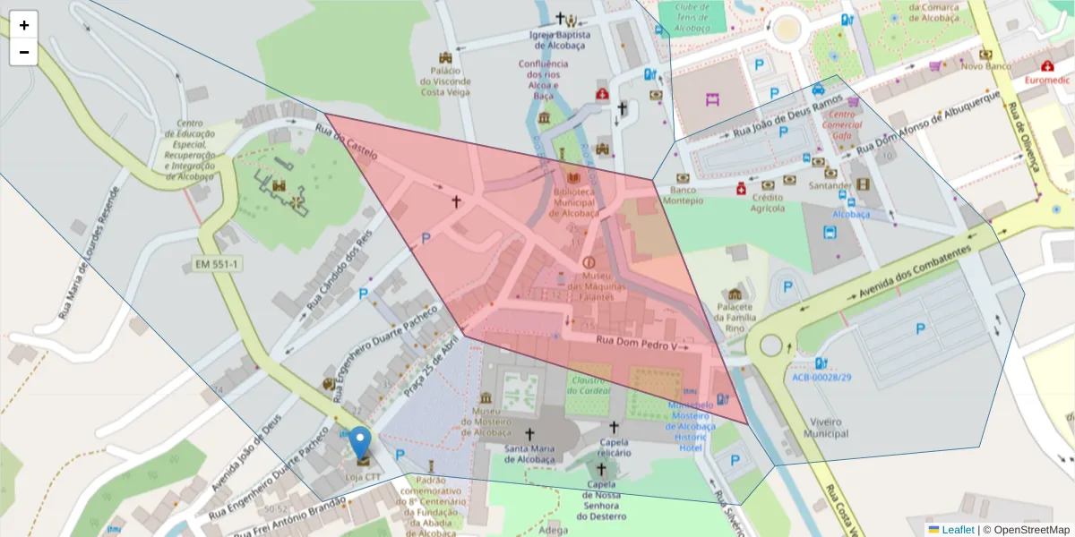 Mapa detalhado do código postal 2460-030 com limites, códigos postais vizinhos e agências dos correios