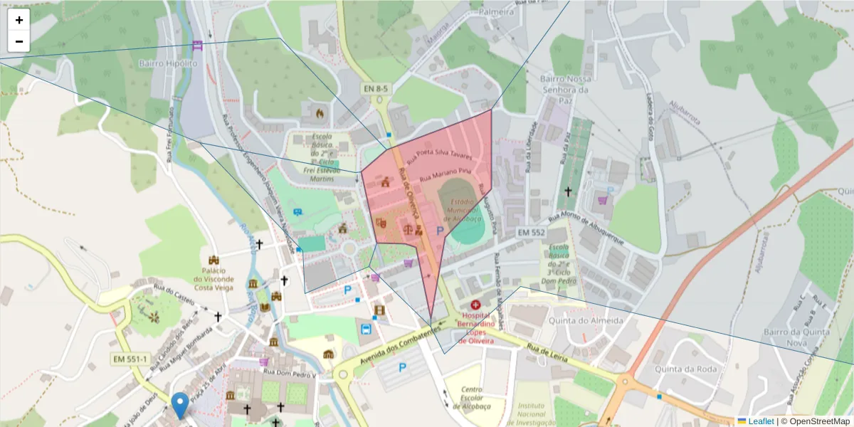 Mapa detalhado do código postal 2460-035 com limites, códigos postais vizinhos e agências dos correios