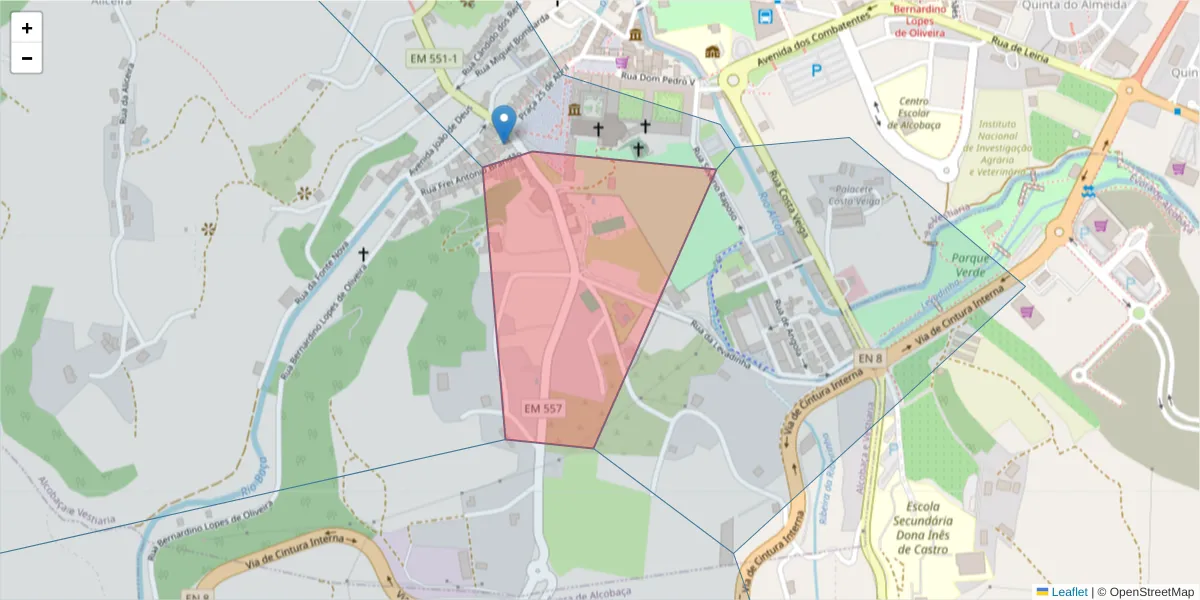 Mapa detalhado do código postal 2460-041 com limites, códigos postais vizinhos e agências dos correios