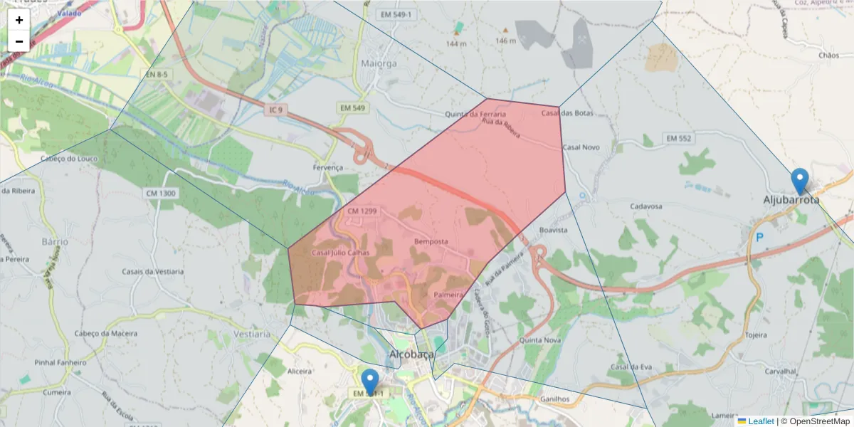 Mapa detalhado do código postal 2460-052 com limites, códigos postais vizinhos e agências dos correios