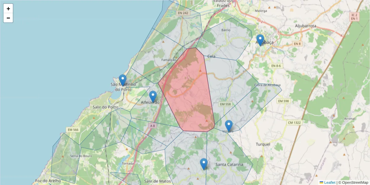 Mapa detalhado do código postal 2460-347 com limites, códigos postais vizinhos e agências dos correios