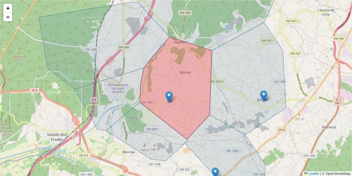 Mapa detalhado do código postal 2460-455 com limites, códigos postais vizinhos e agências dos correios