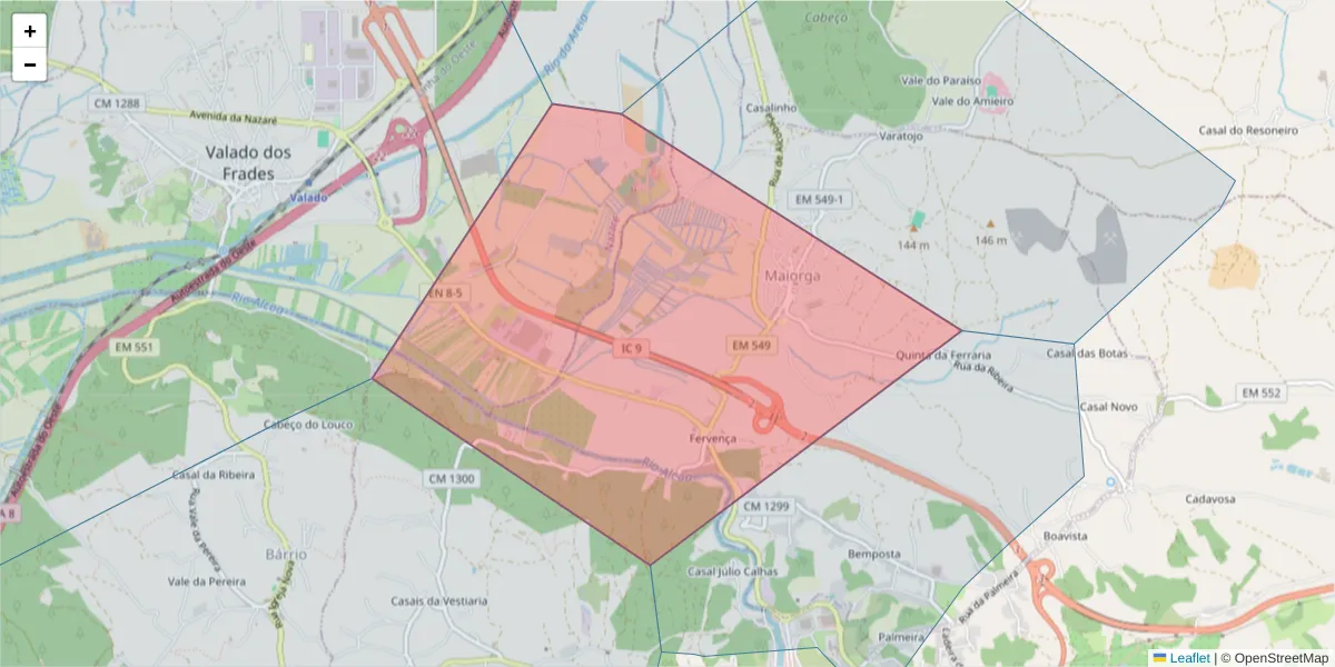 Mapa detalhado do código postal 2460-526 com limites, códigos postais vizinhos e agências dos correios